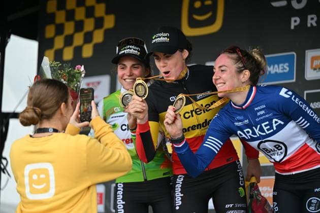 Italian Sara Casasola, Belgian Marion Norbert Riberolle and French Amandine Fouquenet celebrate on the podium after the women elite race of the Cyclocross Ruddervoorde, Sunday 19 October 2025 in Ruddervoorde, stage 2 (out of 7) of the Superprestige cyclocross cycling competition. LUCxCLAESSEN  x137284669x