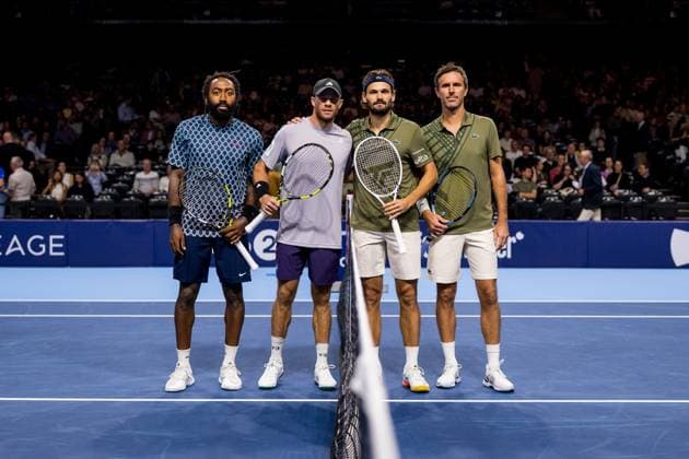 US Evan King, US Christian Harrison, Monaco s Hugo Nys and French Edouard Roger-Vasselin pictured at the start of the European Open ATP, Tennis Herren tennis tournament in Brussels, on Sunday 19 October 2025. This year s edition of the tournament is taking place from 12 to 19 October 2025. JASPERxJACOBS  x137285003x