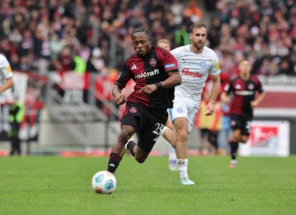 19 10 2025 Soccer Season 2025 2026 2 Soccer Bundesliga 09 Matchday 1 FC Nürnberg FCN Club KSV Holstein Kiel Storks Sportfoto Zink DaMa xdaxmax DFL regulations prohibit any use of photographs as image sequences and or quasi video only for editorial use Mohamed Ali Zoma 23, 1 FC Nürnberg FCN in attack