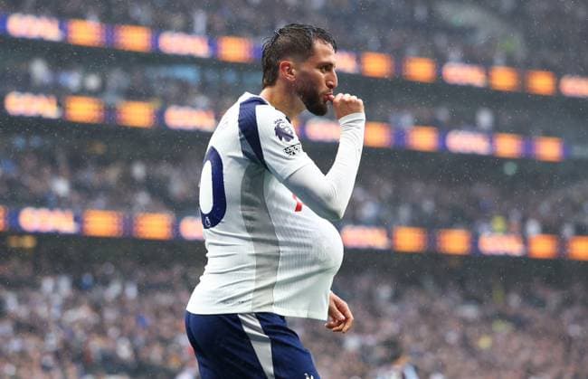 London, England, 19th October 2025. Rodrigo Bentancur of Tottenham Hotspur celebrates after scoring the opening goal during the Tottenham Hotspur vs Aston Villa Premier League match at the Tottenham Hotspur Stadium, London. Picture credit should read: Paul Terry Sportimage EDITORIAL USE ONLY. No use with unauthorised audio, video, data, fixture lists, club league logos or live services. Online in-match use limited to 120 images, no video emulation. No use in betting, games or single club league player publications. SPI_011_PT_Tottenham_Villa SPI-4223-0011