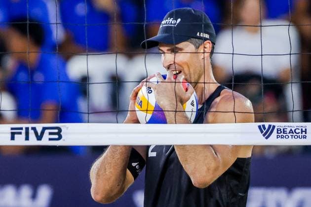 (251019) -- LAGUNA PROVINCE, Oct. 19, 2025 -- Adrian Gavira Collado of Spain reacts during the men s gold medal match between Alejandro Huerta Pastor Adrian Gavira Collado of Spain and Javier Bello Joaquin Bello of England at the Volleyball World Beach Pro Tour in Laguna Province, the Philippines, on Oct. 19, 2025. ) (SP)PHILIPPINES-LAGUNA PROVINCE-VOLLEYBALL-WORLD BEACH PRO TOUR ROUELLExUMALI 