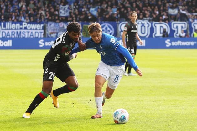 19 10 2025, xtvx, Fußball 2 Bundesliga, SV Darmstadt 98 1 FC Magdeburg v l Zweikampf, Duell, duel, tackle, compete Rayan Ghrieb 1 FC Magdeburg Luca Marseiler SV Darmstadt 98 DFL DFB REGULATIONS PROHIBIT ANY USE OF PHOTOGRAPHS as IMAGE SEQUENCES and or QUASI VIDEO Darmstadt