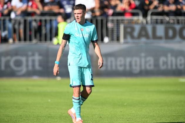 Bologna s Emil Alfons Holm celebrates after scoring the goal during the Serie A Enilive soccer match between Cagliari Calcio and Bologna at the Unipol Domus in Cagliari, Sardinia - Sunday, 19 october 2025. - Soccer  Copyright: x Â®xGianlucaxZuddas LaPressex