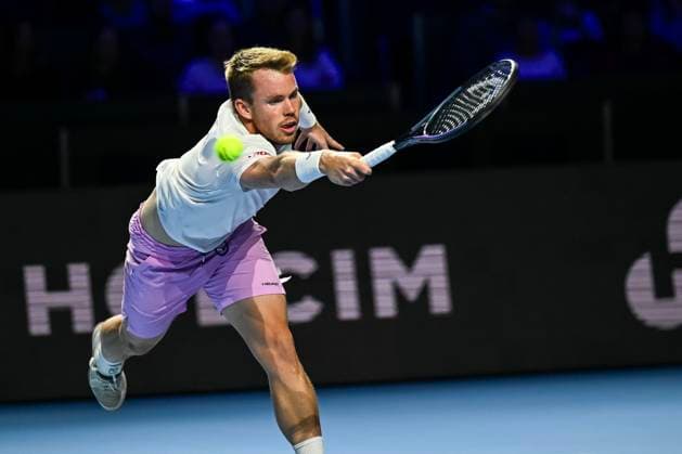 19th October 2025; St. Jakobshalle, Basel, Switzerland; 2025 ATP, Tennis Herren Swiss Indoor Tennis Day 1; Remy Bertola (SUI) in action against Quentin Halys (FRA) in the final qualification round  DavidxEmm