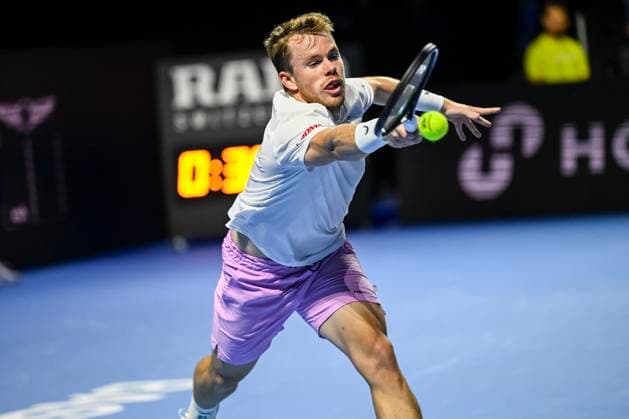 19th October 2025; St. Jakobshalle, Basel, Switzerland; 2025 ATP, Tennis Herren Swiss Indoor Tennis Day 1; Remy Bertola (SUI) in action against Quentin Halys (FRA) in the final qualification round  DavidxEmm