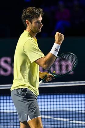19th October 2025; St. Jakobshalle, Basel, Switzerland; 2025 ATP, Tennis Herren Swiss Indoor Tennis Day 1; Quentin Halys (FRA) in action against Remy Bertola (SUI) in the final qualification round  DavidxEmm