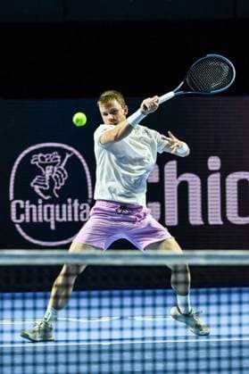 19th October 2025; St. Jakobshalle, Basel, Switzerland; 2025 ATP, Tennis Herren Swiss Indoor Tennis Day 1; Remy Bertola (SUI) in action against Quentin Halys (FRA) in the final qualification round  DavidxEmm