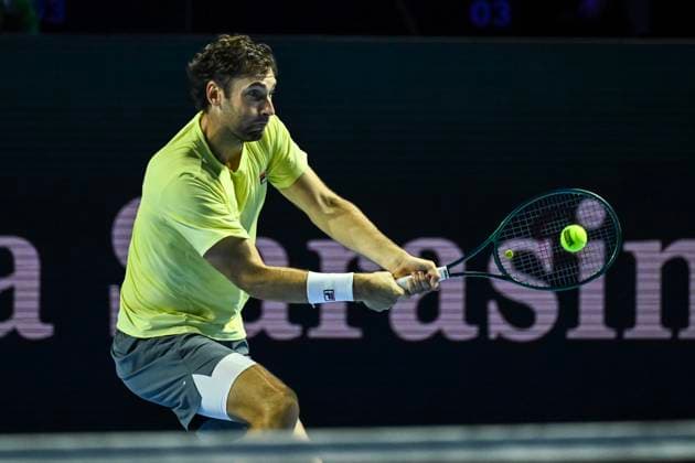 19th October 2025; St. Jakobshalle, Basel, Switzerland; 2025 ATP, Tennis Herren Swiss Indoor Tennis Day 1; Quentin Halys (FRA) in action against Remy Bertola (SUI) in the final qualification round  DavidxEmm