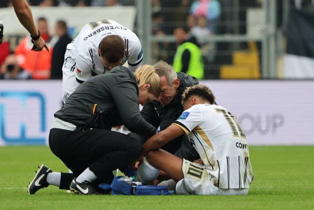 19 10 2025, Football, Men, 2 Bundesliga, Season 2025 2026, SV 07 Elversberg SpVgg Greuther Fürth, Bambase Conte SV 07 Elversberg injured Elversberg Ursapharm Arena an der Kaiserlinde Saarland Germany DE Copyright: xSebastianxBachx