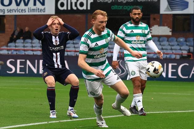 19th October 2025; Dens Park, Dundee, Scotland; Scottish Premiership Football, Dundee versus Celtic; Joe Westley of Dundee reacts after missing a good scoring chance  DavidxYoung