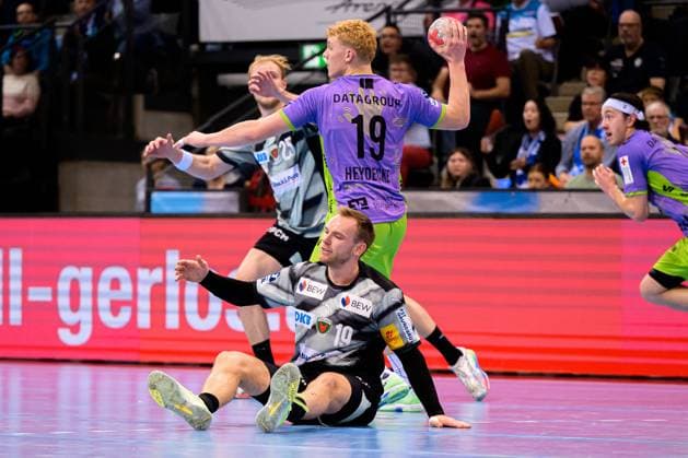 Stuttgart HBL 25 26 TVB Stuttgart Fuechse Berlin Max Heydecke Stuttgart , Mathias Gidsel Berlin at the ground Stuttgart Porsche Arena Baden Württemberg Germany