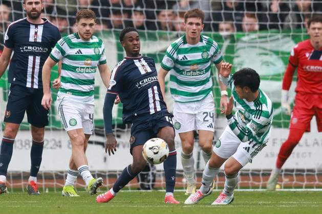 19th October 2025; Dens Park, Dundee, Scotland; Scottish Premiership Football, Dundee versus Celtic; Imari Samuels of Dundee clears from Reo Hatate of Celtic  DavidxYoung