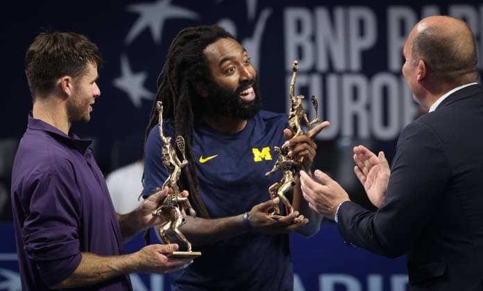 Christian Harrison and Evan King celebrate on the podium after winning the European Open ATP, Tennis Herren tennis tournament doubles in Brussels, on Sunday 19 October 2025. This year s edition of the tournament is taking place from 12 to 19 October 2025. VIRGINIExLEFOUR  x137297220x