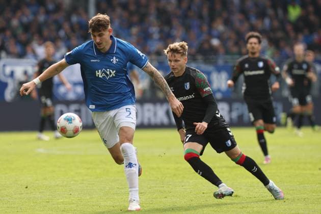 Matej Maglica SV Darmstadt 98,5 vs Philipp Hercher 1 FC Magdeburg,27 2 Soccer Bundesliga Season 2025 2026 SV Darmstadt 98 vs 1 FC Magdeburg at Merck Stadion am Böllenfalltor in Darmstadt Action,Soccer,Man,Men,Germany,19 10 2025