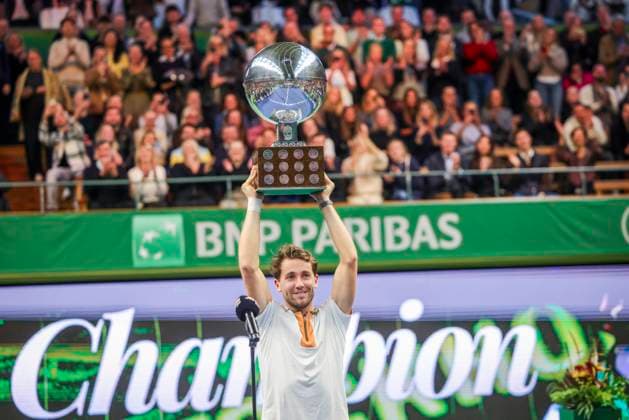Norway s Casper Ruud wins the singles final against France s Ugo Humbert during the BNP Paribas Nordic Open tennis tournament at the Royal Swedish Tennis Hall in Stockholm, Sweden, October 19, 2025 STOCKHOLM SWEDEN x62260x  Copyright: xNilsxPetterxNilsson TTx TENNIS NORDIC OPEN