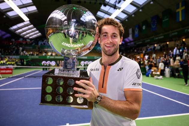 251019 Casper Ruud of Norway celebrates with the trophy after winning the men s singles final on day 9 of the ATP 250 Nordic Open on October 19, 2025 in Stockholm Photo Jesper Zerman BILDBYRAN kod JZ JZ0631 tennis nordic open nordic open 2025 bbeng final singelfinal singel jubel norge  Copyright: JESPERxZERMAN BB251019JZ058