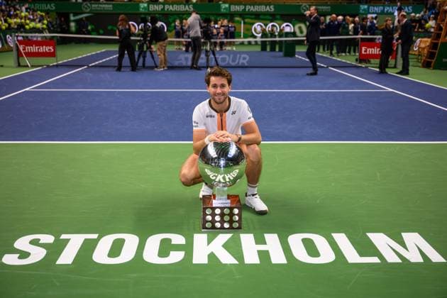 251019 Casper Ruud of Norway celebrates with the trophy after winning the men s singles final on day 9 of the ATP 250 Nordic Open on October 19, 2025 in Stockholm Photo Jesper Zerman BILDBYRAN kod JZ JZ0631 tennis nordic open nordic open 2025 bbeng final singelfinal singel jubel norge  Copyright: JESPERxZERMAN BB251019JZ061