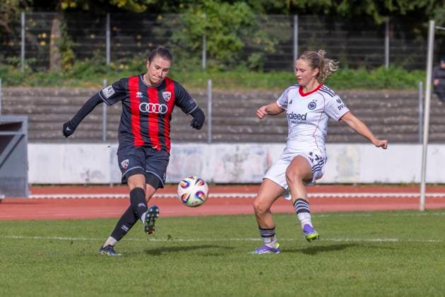 Ingolstadt, Germany 19 October 2025 2 BL Women 2025 2026 FC Ingolstadt 04 vs Eintracht Frankfurt II In the picture from left in the duel Anna Lena Fritz FCI and Marie Kleemann Frankfurt II Audi Sportpark Bayern Copyright: xFotostandx xSchäferx