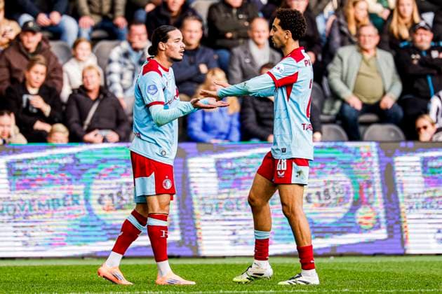 Anis Hadj Moussa of Feyenoord Rotterdam celebrates with Oussama Targhalline of Feyenoord Rotterdam after scoring his teams second goal Heracles Almelo v Feyenoord Rotterdam, Eredivisie, Heracles Almelo v Feyenoord Rotterdam, Erve Asito, October 19, 2025, Almelo, Netherlands.