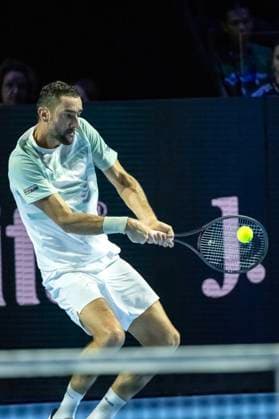 19th October 2025; St. Jakobshalle, Basel, Switzerland; 2025 ATP, Tennis Herren Swiss Indoor Tennis Day 1; Marin Cilic (CRO) in action against David Goffin (BEL) in the final qualification round  DavidxEmm