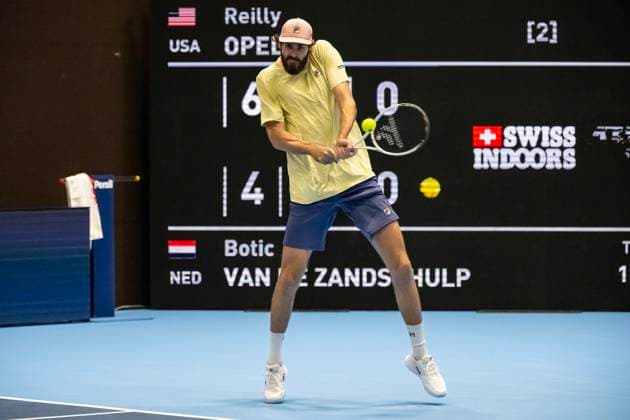 19th October 2025; St. Jakobshalle, Basel, Switzerland; 2025 ATP, Tennis Herren Swiss Indoor Tennis Day 1; Reilly Opelka (USA) in action against Botic Van De Zandschulp (NED) in the final qualification round  DavidxEmm