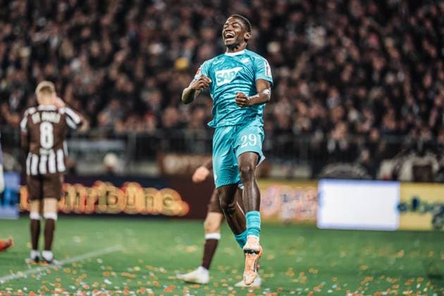 Soccer Men Season 2025 2026 Soccer Bundesliga 07 Matchday FC St Pauli vs TSG Hoffenheim 19 10 2025 Goal celebration of Bazoumana Toure 29, TSG Hoffenheim Hamburg Millerntor Stadion Hamburg Germany