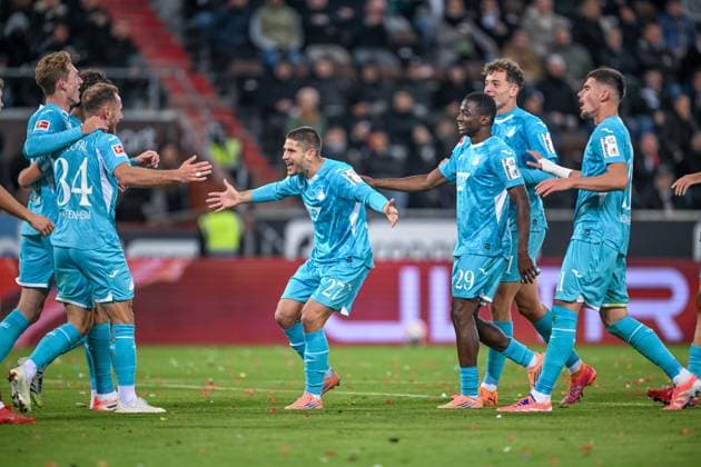 Soccer 1 Bundesliga FC St Pauli TSG Hoffenheim on 19 10 2025 at the Millerntor Stadium in Hamburg Cheering, goal celebration, goal scorer, goal scorer Bazoumana Toure Hoffenheim cheers after his goal to 0 2 with Bazoumana Toure Hoffenheim MT