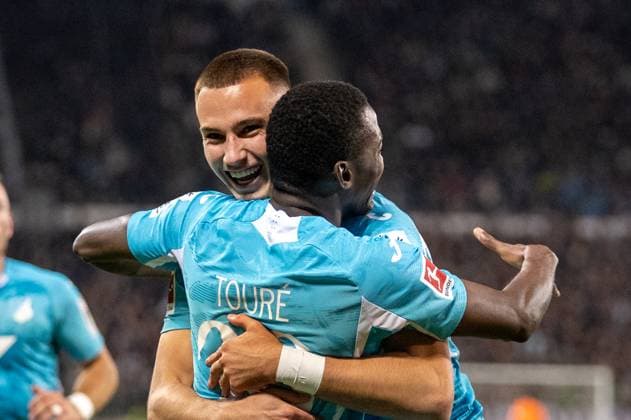 Germany, Soccer, 1 Bundesliga, Matchday 7 2025 2026, FC St Pauli TSG Hoffenheim on 19 10 in Hamburg Millerntor Stadion 0 1 by Bazoumana TourÃ TSG Hoffenheim 29 Goal celebration Copyright: xSvenxHeidmannx