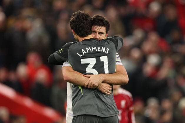 Harry Maguire of Manchester United, ManU celebrates after the match. Liverpool v Manchester United, Premier League, Football, Anfield, Liverpool, UK - 19 Oct 2025Liverpool Anfield United Kingdom EDITORIAL USE ONLY No use with unauthorised audio, video, data, fixture lists, club league logos or live services. Online in-match use limited to 120 images, no video emulation. No use in betting, games or single club league player publications. Copyright: xRyanxBrowne Shutterstockx 15548302be