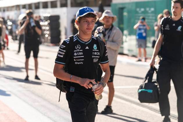 Italian Formula One driver Andrea Kimi Antonelli of Mercedes-AMG Petronas arrives for the Formula One United States Grand Prix at the Circuit of the Americas in Austin, Texas on Sunday, October 19, 2025.  AUS2025101901 GREGxNASH