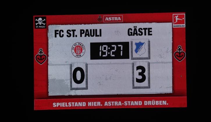 Final score 0 3 Scoreboard with endFootball, 1 BL, Season 2025 2026, Men, FC St Pauli vs TSG 1899 Hoffenheim DFL REGULATIONS PROHIBIT ANY USE OF PHOTOGRAPHS AS IMAGE SEQUENCES AND OR QUASI VIDEO