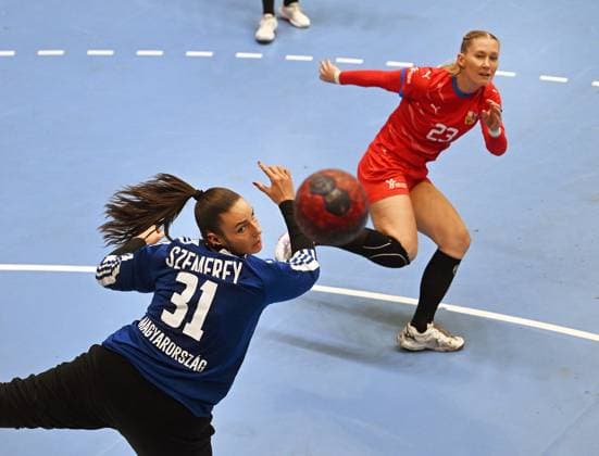 EHF Euro Cup Women, Group 2, match Hungary vs. Czech Republic in Prague, Czech Republic, October 19, 2025. From left goalie of Hungary Zsofi Szermerey and Czech Marie Polakova in action. (CTKxPhoto MichaelaxRihova) CTKPhotoP2025101906193  CTKPhotoP2025101906193