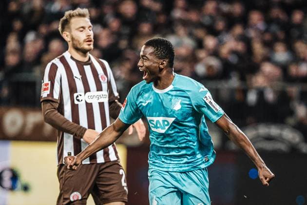 Soccer Men Season 2025 2026 Soccer Bundesliga 07 Matchday FC St Pauli vs TSG Hoffenheim 19 10 2025 Goal celebration of Bazoumana Toure 29, TSG Hoffenheim Hamburg Millerntor Stadion Hamburg Germany