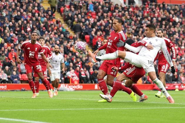 Casemiro of Manchester United, ManU attempts a shot on goal. Liverpool v Manchester United, Premier League, Football, Anfield, Liverpool, UK - 19 Oct 2025Liverpool Anfield United Kingdom EDITORIAL USE ONLY No use with unauthorised audio, video, data, fixture lists, club league logos or live services. Online in-match use limited to 120 images, no video emulation. No use in betting, games or single club league player publications.  Copyright: xRyanxBrowne Shutterstockx 15548302cx