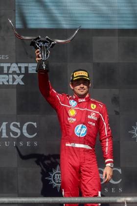 AUSTIN, TX - OCTOBER 19: Scuderia Ferrari HP driver Charles Leclerc (16) of Monaco holds up his trophy after finishing third at the Formula 1 MSC Cruises United States Grand Prix on October 19, 2025, at Circuit of The Americas in Austin, Texas. (Photo by David Buono Icon Sportswire) AUTO: OCT 19 F1 United States Grand Prix EDITORIAL USE ONLY Icon2510190251