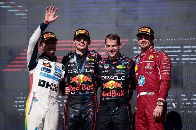 F1 - UNITED STATES GRAND PRIX 2025 NORRIS Lando (gbr), McLaren F1 Team MCL39, portrait, VERSTAPPEN Max (ned), Red Bull Racing RB21, portrait and LECLERC Charles (mco), Scuderia Ferrari SF-25, portrait podium during the 2025 Formula 1 United States Grand Prix, 19th round of the 2025 FIA Formula One World Championship, WM, Weltmeisterschaft from October 17 to 19, 2025 on the Circuit of the Americas, in Austin, Texas, United States of America - AustinUnited States Copyright: xEricxAlonsox