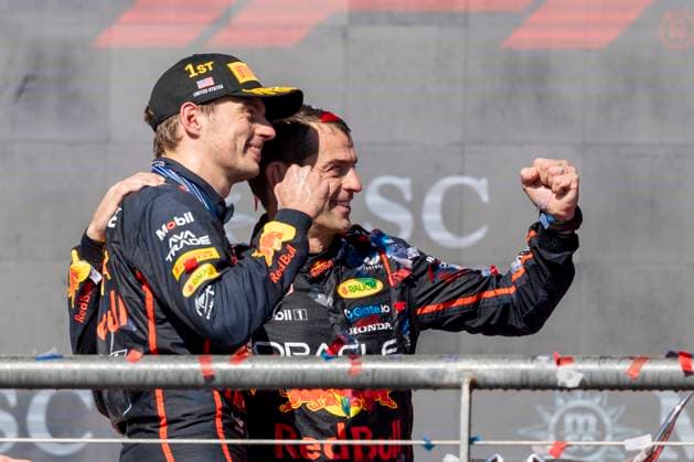 AUSTIN, TX - OCTOBER 19: Max Verstappen of the Netherlands and Team Oracle Red Bull Racing (1) celebrates with his chief mechanic after the Formula 1 F1 Grand Prix of United States on October 19, 2025 at the Circuit of The Americas in Austin, TX. (Photo by Bob Kupbens Icon Sportswire) AUTO: OCT 19 F1 United States Grand Prix EDITORIAL USE ONLY Icon2510190411