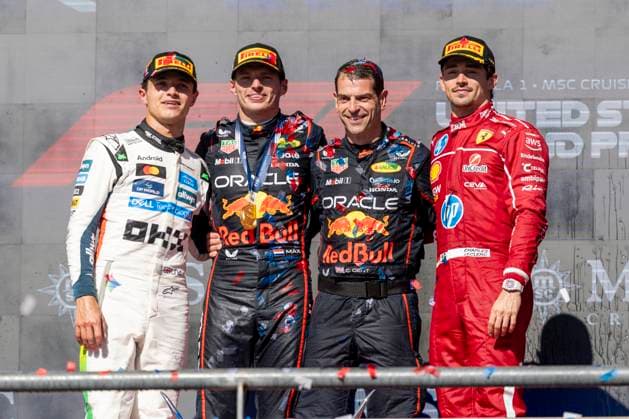 AUSTIN, TX - OCTOBER 19: Max Verstappen of the Netherlands and Team Oracle Red Bull Racing (1), Lando Norris of the United Kingdom and Team McLaren (4), and Charles Leclerc of Monaco and Team Scuderia Ferrari HP (16) celebrate on the podium after the Formula 1 F1 Grand Prix of United States on October 19, 2025 at the Circuit of The Americas in Austin, TX. (Photo by Bob Kupbens Icon Sportswire) AUTO: OCT 19 F1 United States Grand Prix EDITORIAL USE ONLY Icon2510190421