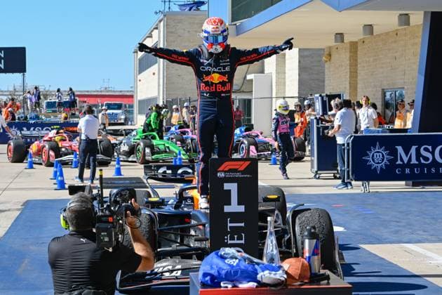 AUSTIN, TX - OCTOBER 19: Oracle Red Bull Racing driver Max Verstappen (1) of the Netherlands celebrates as he exits his car after winning the Formula 1 MSC Cruises United States Grand Prix on October 19, 2025, at Circuit of The Americas in Austin, Texas. (Photo by Ken Murray Icon Sportswire) AUTO: OCT 19 F1 United States Grand Prix EDITORIAL USE ONLY Icon2510190071