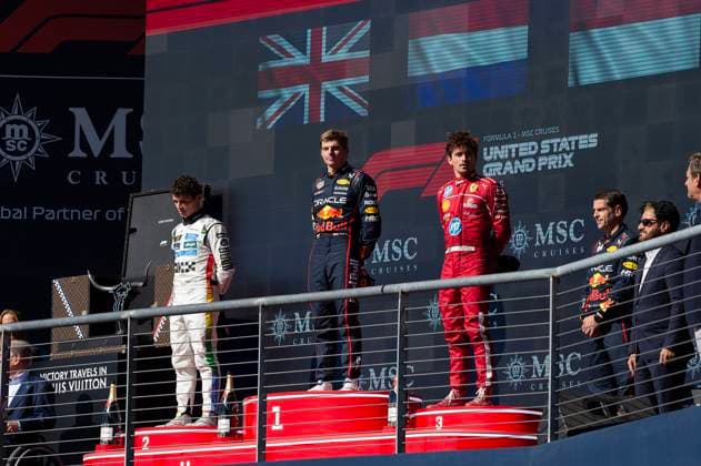 October 19, 2025: Lando Norris (4) Second Place, Max Verstappen (1) First Place and Charles Leclerc (16) Third Place celebrate their podium win at the Formula 1 MSC Cruises United States Grand Prix, Circuit of the Americas. Austin, Texas. CSM Austin United States of America - ZUMAc04_ 20251019_faf_c04_015 Copyright: xMarioxCantux