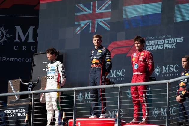 October 19, 2025: Lando Norris (4) Second Place, Max Verstappen (1) First Place and Charles Leclerc (16) Third Place celebrate their podium win at the Formula 1 MSC Cruises United States Grand Prix, Circuit of the Americas. Austin, Texas. CSM Austin United States of America - ZUMAc04_ 20251019_faf_c04_030 Copyright: xMarioxCantux