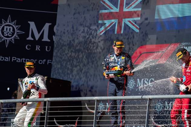 October 19, 2025: Lando Norris (4) Second Place, Max Verstappen (1) First Place and Charles Leclerc (16) Third Place celebrate their podium win at the Formula 1 MSC Cruises United States Grand Prix, Circuit of the Americas. Austin, Texas. CSM Austin United States of America - ZUMAc04_ 20251019_faf_c04_037 Copyright: xMarioxCantux