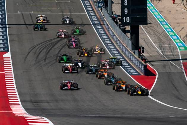 Dutch Formula One driver Max Verstappen of Red Bull Racing leads the pack into turn one during the Formula One United States Grand Prix at the Circuit of the Americas in Austin, Texas on Sunday, October 19, 2025.  AUS2025101986 GREGxNASH