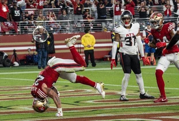 San Francisco 49ers running back Christian McCaffrey (23) celebrates a one yard TD run in the second quarter against the Atlanta Falcons at Levi s Stadium in Santa Clara, Caloifornia on Sunday, October 19, 2025.  SXP2025101903 TERRYxSCHMITT