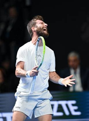 (251020) -- ALMATY, Oct. 20, 2025 -- Corentin Moutet reacts during the men s singles final match between Daniil Medvedev of Russia and Corentin Moutet of France at the ATP250 Almaty Tennis Open in Almaty, Kazakhstan, on Oct. 19, 2025. ) (SP)KAZAKHSTAN-ALMATY-TENNIS-ALMATY OPEN--FINAL LixRenzi 
