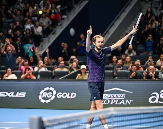 (251020) -- ALMATY, Oct. 20, 2025 -- Daniil Medvedev celebrates after winning the men s singles final match between Daniil Medvedev of Russia and Corentin Moutet of France at the ATP250 Almaty Tennis Open in Almaty, Kazakhstan, on Oct. 19, 2025. ) (SP)KAZAKHSTAN-ALMATY-TENNIS-ALMATY OPEN--FINAL LixRenzi 
