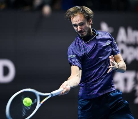 (251020) -- ALMATY, Oct. 20, 2025 -- Daniil Medvedev hits a return during the men s singles final match between Daniil Medvedev of Russia and Corentin Moutet of France at the ATP250 Almaty Tennis Open in Almaty, Kazakhstan, on Oct. 19, 2025. ) (SP)KAZAKHSTAN-ALMATY-TENNIS-ALMATY OPEN--FINAL LixRenzi 
