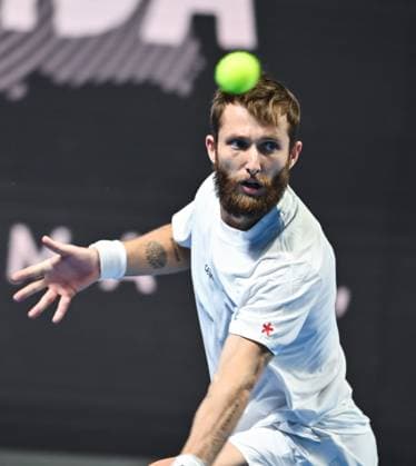 (251020) -- ALMATY, Oct. 20, 2025 -- Corentin Moutet hits a return during the men s singles final match between Daniil Medvedev of Russia and Corentin Moutet of France at the ATP250 Almaty Tennis Open in Almaty, Kazakhstan, on Oct. 19, 2025. ) (SP)KAZAKHSTAN-ALMATY-TENNIS-ALMATY OPEN--FINAL LixRenzi 