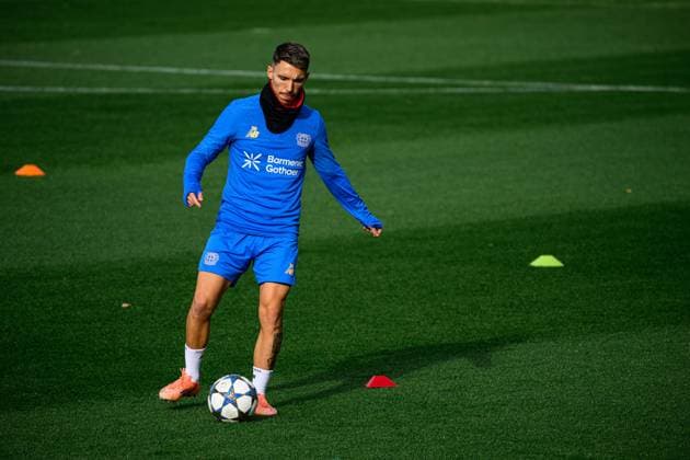 LEVERKUSEN, GERMANY - 20 OCTOBER, 2025: Alejandro Grimaldo - UEFA Champions League, Pre match practice FC Bayer 04 Leverkusen at BayArena.  Copyright: xVITALIIxKLIUIEVx