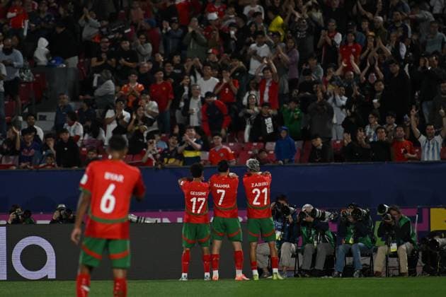 (251020) -- SANTIAGO, Oct. 20, 2025 -- Players of Morocco celebrate a goal during the final match between Argentina and Morocco at the FIFA U-20 World Cup Chile 2025 in Santiago, Chile, Oct. 19, 2025. (Photo by Xinhua) (SP)CHILE-SANTIAGO-FOOTBALL-FIFA U20 WORLD CUP-FINAL JorgexVillegas 